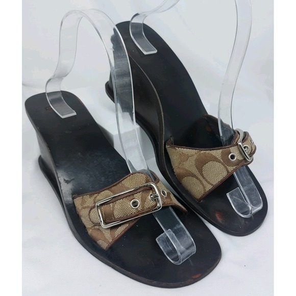 COACH Vintage 90s Honey Wooden Wedge Womens 8B C Logo Sandals 3" Heel - Picture 1 of 8